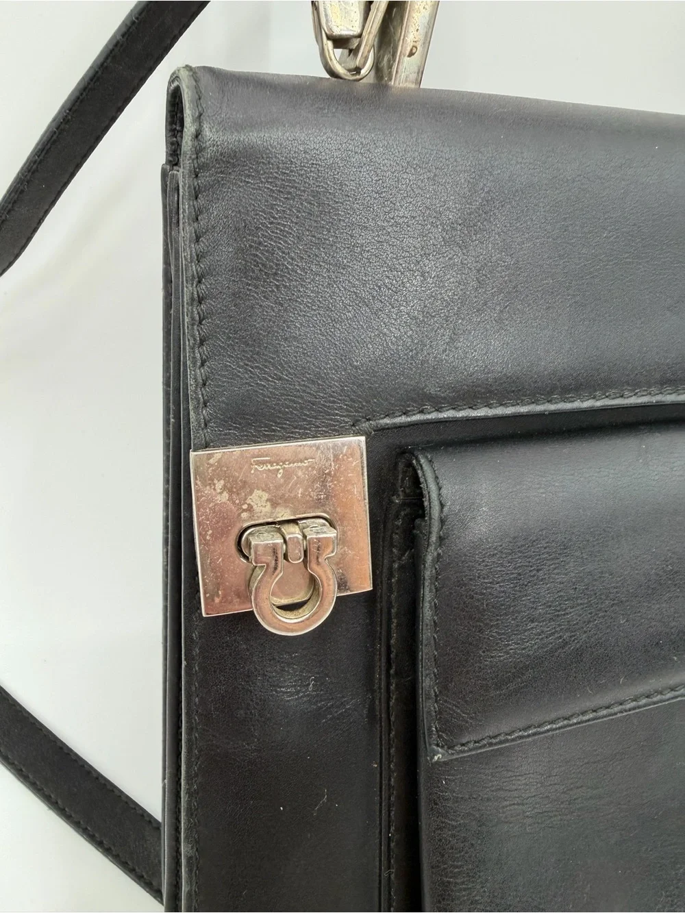 Vintage Salvatore Ferragamo Gancini Kelly Bag Black Leather Auth Papers